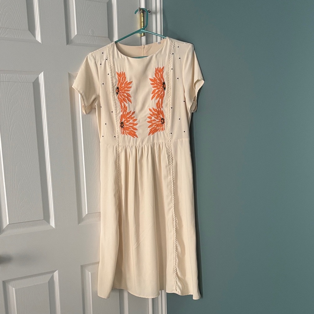 Cream Dress with Orange Floral Embroidery